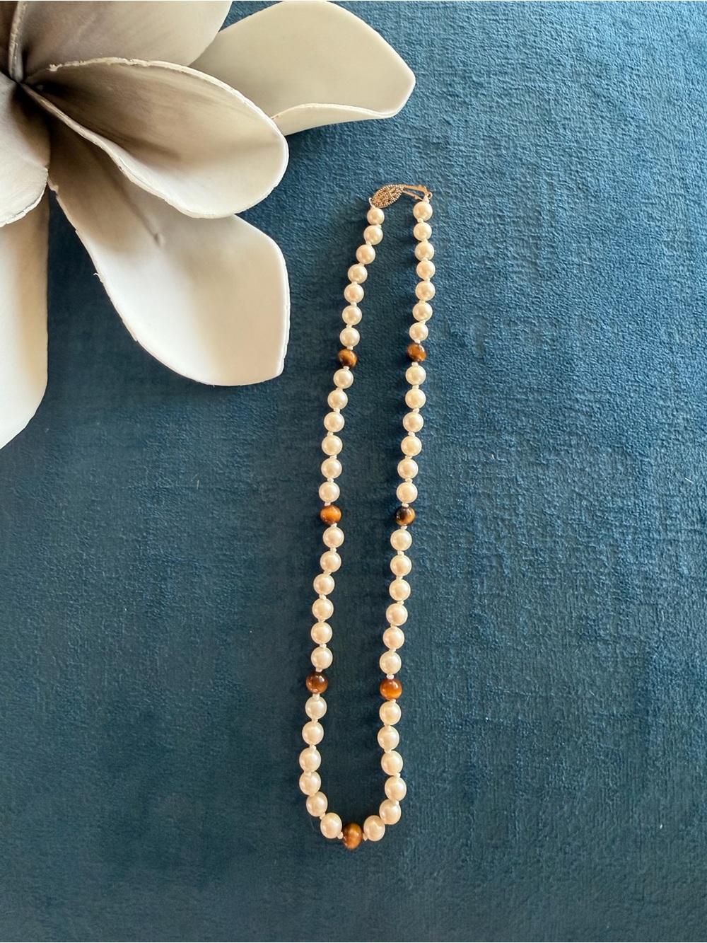 Tiger Eye 👁️ and Faux Pearl Beaded Necklace - Fashion Jewelry